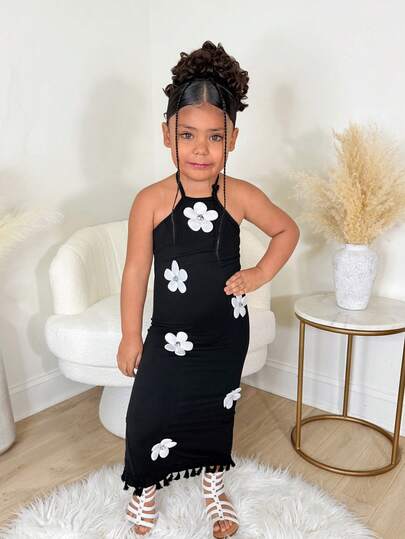 Young Girls' Black Knit Halter Snug Fit Knit Dress With 3D Floral, Contrast Black & White, Tassel Tie Casual Beach Holiday Dress