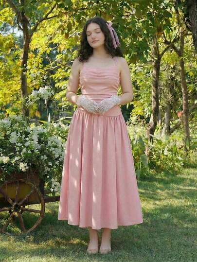 SHEIN MOD 大码粉色女士优雅蕾丝边长裙，新年晚礼服，新年派对礼服，女装，优雅女士连衣裙，新年女士连衣裙，正式女士连衣裙，节日连衣裙，套装，新年晚礼服