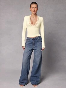 Hauture 办公室风格蕾丝边长袖针织上衣 - 黃色 - 查看 3