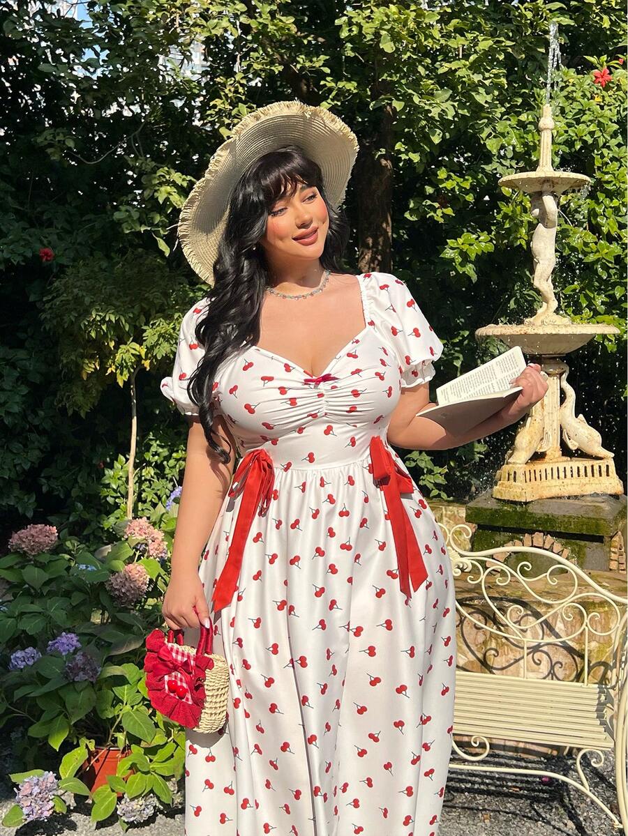 Lyrianda 大码女式樱桃印花蝴蝶结连衣裙 - 彩色 - 查看 1