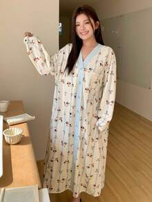 Dazy Plus 大尺碼舒適狗狗印花條紋寬鬆睡袍，秋季睡衣 - 杏色 - 查看 7