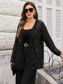 EMERY ROSE Chaqueta negra de manga larga para mujer de talla grande, blusa negra con strass para otoño/verano/vacaciones, blusas negras para mujer elegantes y brillantes, abrigo de primavera/verano para mujer - Blanco y Negro - Ver 4