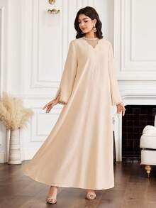 Yasmyna Al-Adha Women's Champagne Beige Embroidered Modest Maxi Dress,Long Sleeve Kaftan Style A-Line Dress With Sheer Polka Dot Mesh Yoke & Side Slit - Khaki - View 7