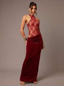 Silquee 纯色蕾丝拼接透视无袖性感迷你连衣裙，秋冬款 - 酒紅色 - 查看 4