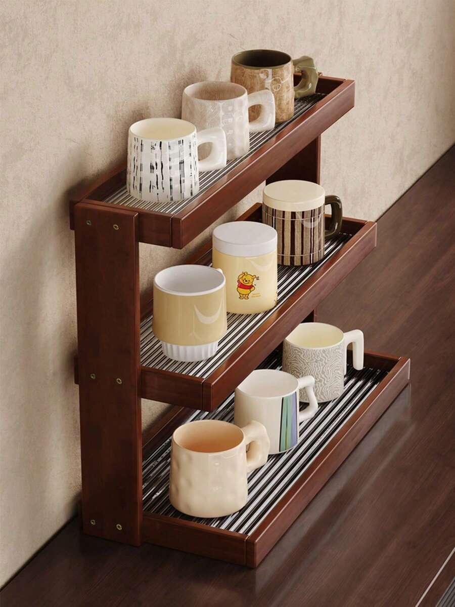 Three-Tier Bamboo Coffee Bar Storage Rack-Easy Assembly, Ideal For Kitchen, Dining Room, Cosmetics, And Lipstick Organization. Holds Mugs And Water Glasses. Features Natural Bamboo Grain. Space-Saving Home Decor And Countertop Organizer. Bamboo Kitchenware. - Walnut - View 1