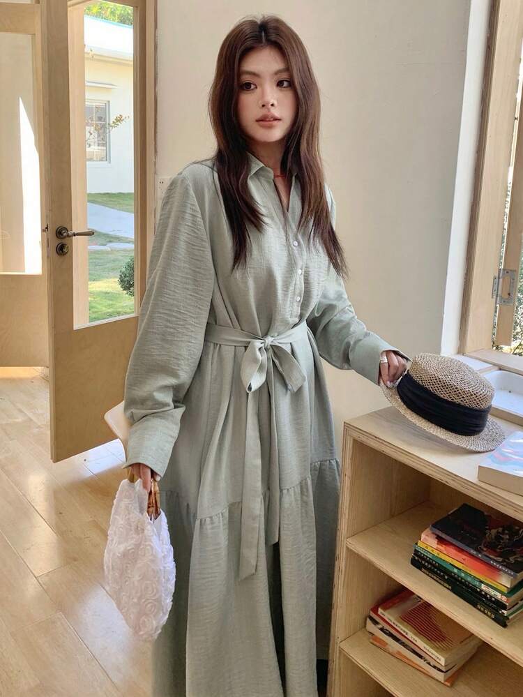 Dazy Plus Plus Size Women Solid Color Long Sleeve Button Half Placket Casual Shirt Dress Sun Dresses For Women