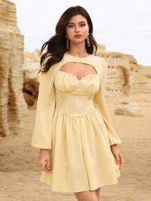 Modelyn Women's Yellow Woven Long Sleeve Waist Cinched A-Line Elegant Dress, Spring/Summer - Yellow - View 3