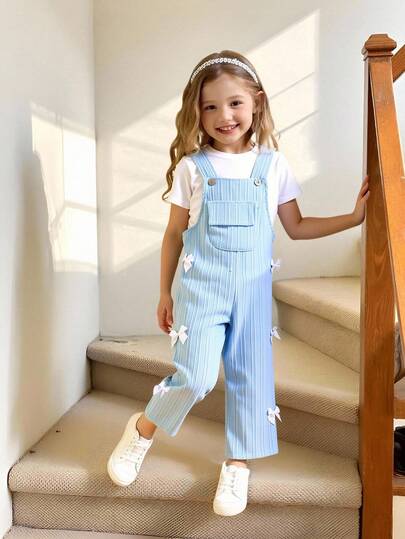 Elladie kids Young Girls Casual Style Young Girl' Loose Fit Straight Leg Overalls, Sky Blue With White Bow Decor, Soft & Comfortable Fabric, Suitable For Everyday Casual Wear, School And Commute, Spring/Summer/Autumn/Winter Kids Jumpsuit For Girls Young Girls Casual Jumpsuit Versatile A Effect Jumpsuit Pant Clothing For Girls Summer Jump Suits Girl Jump Suit Set