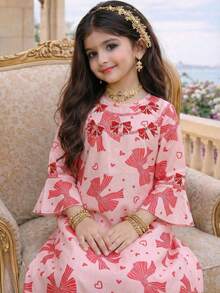 SHEIN 女孩休闲度假甜美可爱蝴蝶结刺绣印花长裙 - 粉色 - 查看 4