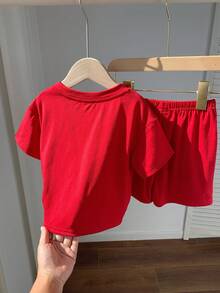 SHEIN 2pcs/Set Baby Boy Summer Casual Vacation Knit Red Printed Pattern Loose T-Shirt And Red Shorts Set - Multicolor - View 2