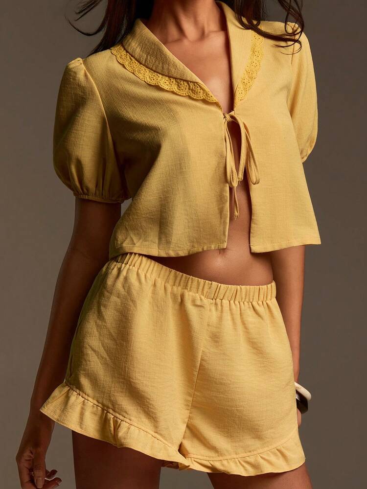 Athîral 女士夏季休闲纯色泡泡袖衬衫和短裤两件套 - 黃色 - 查看 6