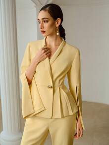 ZEYLAH Women's Elegant Pleated Blazer, High-End Stand Collar Jacket, Spring/Summer - Yellow - View 4