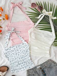 SHEIN Teen Girl 3 PiecesRuffle Casual Halter Neck Camisole Set - Multicolor - View 3