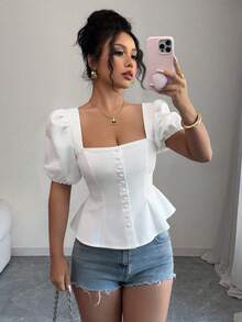 Elenzga Women's Elegant Square Collar Puff Sleeve Cinched Waist A-Line Pearl Button Decorated Blouse, Spring/Summer - White - View 1