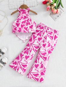 SHEIN 2件套 女童爱心图案针织无袖上衣和打底裤套装 - 藍色 - 查看 3