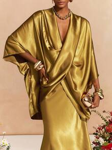 Zivah New Spring/Summer Commuter Elegant Loose Mustard Yellow Crossover Silhouette Top + Satin Skirt Women Two Pieces Set,Suitable For Valentine's Day , Dates, Party, Gatherings, Holidays, Vacation,Nomadic Style, Beach, Seaside,Concerts, Everyday Outings, New Year's, Revelry, Brunch Outfits, Wedding Guest Outfits, Wedding Season,Casual-A - Mustard Yellow - View 4