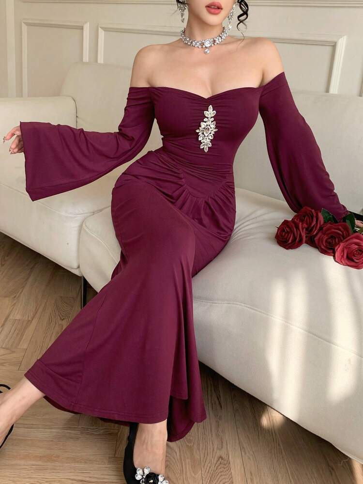 Women's Rhinestone Decor Ruched One-Shoulder Flare Sleeve Fitted Mermaid Hem Elegant Dress Wedding Guest Dress Maxi Dress Sundress
