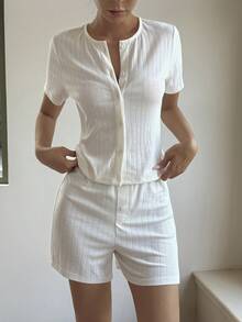 Livesso 2pcs/Set Women Casual Round Neck Knit Top And Shorts - White - View 3