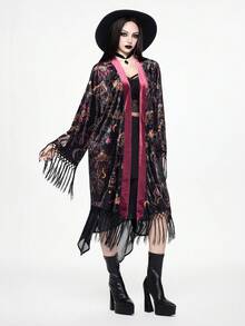 ROMWE Goth Dark Witch Crystal Ball Mysterious Eye Candle Holder Book Velvet Allover Print Patchwork Tassel Cover Up Shawl - Multicolor - View 5