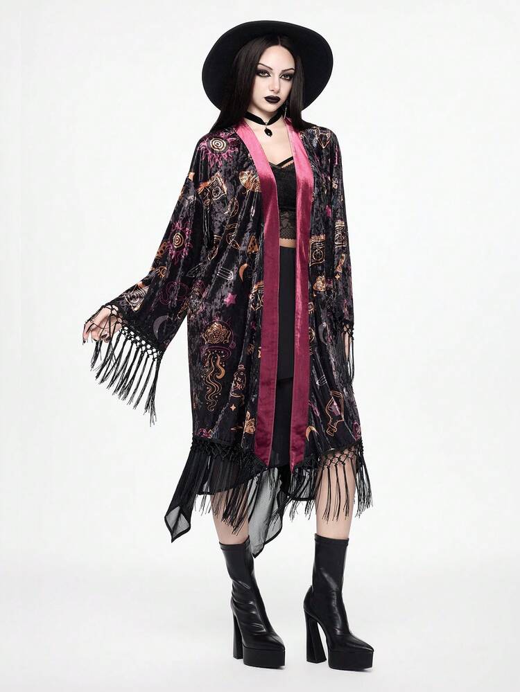 ROMWE Goth SpringDark Witch Crystal Ball Mysterious Eye Candle Holder Book Velvet Allover Print Patchwork Tassel Cover Up Shawl - Multicolor - View 10