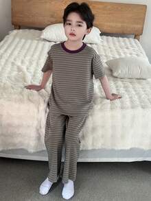 Dazy Kids Tween Boy Casual Striped Short Sleeve Top And Pants Pajama Set, Summer - Green - View 7