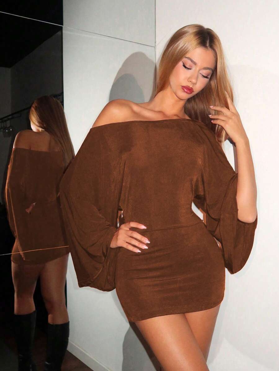 EgrlEra Đầm nữ màu trơn thời trang trễ vai tay xòe ôm sát - Cà phê - Xem 1