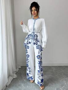 Elenzga Women's 2-Piece Set: Elegant Chinoiserie Print Round Neck Mandarin Collar Tie-Waist Bow Blouse With Asymmetrical Hem, Paired With Elastic Waist Printed Straight Leg Pants, Outfit - Multicolor - View 6