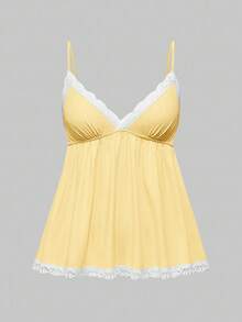 ROMWE Women Contrast Lace Camisole And Shorts Casual Pajama Set - Yellow - View 7