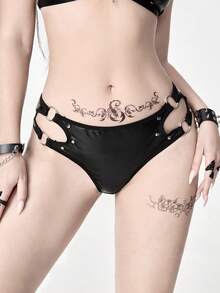 ROMWE Grunge Punk 哥特朋克风PU皮革金属环三角内裤 - 黑色 - 查看 5