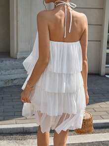 Pariaura Women's Solid Color Layered Halter Casual Mini Dress - White - View 2