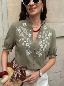 Solivie 女士优雅刺绣衬衫，春夏短袖衬衫，度假优雅波西米亚风夏季外出上衣 - 綠色 - 查看 6