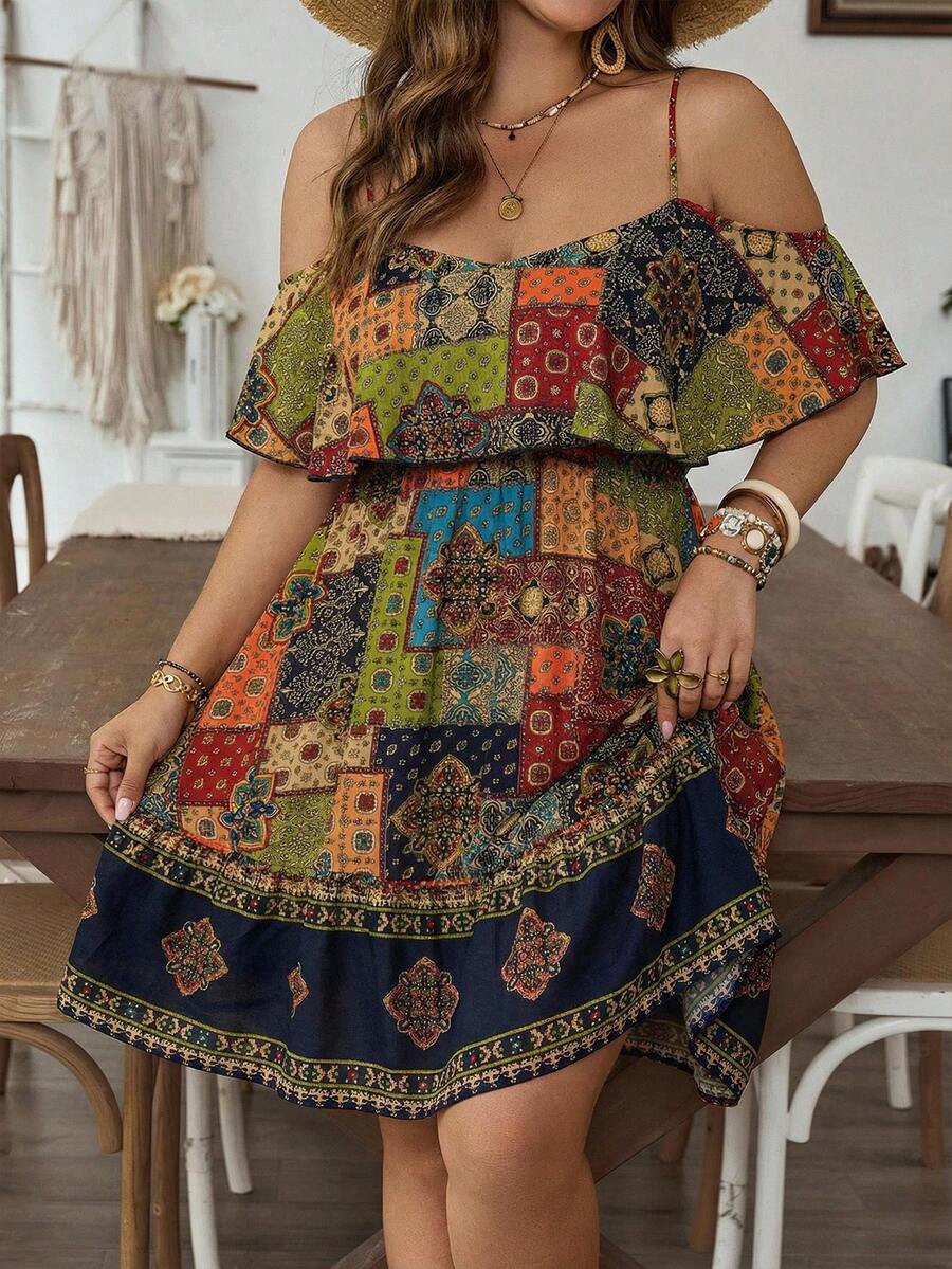 SHEIN VCAY 大码女式拼接印花露肩时尚连衣裙 - 彩色 - 查看 1