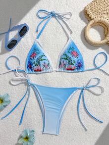 Swim Mod Conjunto de bikini de mujer con bordado floral degradado, con atar en el cuello, cuentas, traje de baño triangular para playa y vacaciones - Multicolor - Ver 3