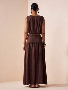 Zivah 2026春季新款深棕色无袖圆领荷叶边下摆上衣和A字中长裙套装（2件套） - 咖啡棕 - 查看 3
