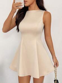 SHEIN PETITE 女士纯色无袖A字腰身优雅连衣裙，适合秋季约会 - 杏色 - 查看 6