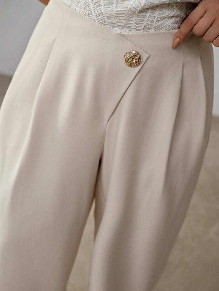 PLUS SIZE WOMEN'S SINGLE BUTTON ASYMMETRICAL HIGH WAIST WIDE LEG PANTS