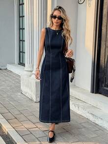 Serisse Women's Round Neck Sleeveless Casual Denim Dress Spring To Summer Valentine's Day Carnival Costume Commuting Vacation Graduation Chic Y2k Cute Streetwear Coquette Party Wedding Elegant Business Casual Woman Women's Sleeveless Dark Wash Denim Midi Dress With Back Zipper And Slit Detail - Blue - View 4