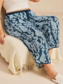 LUVLETTE 夏季加大码柔软棉质印花宽松女士休闲睡裤，透气舒适，带口袋，适合曲线身材，尺码齐全。 - 藍色 - 查看 6