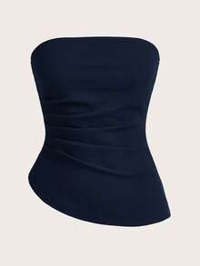 SHEIN Essnce Women's Simple Elegant Ruched Waist Tube Top, Suitable For Summer Navy Tube Top Tube Tops Women Strapless Top Women Tube Top Navy Top - Navy Blue - View 1