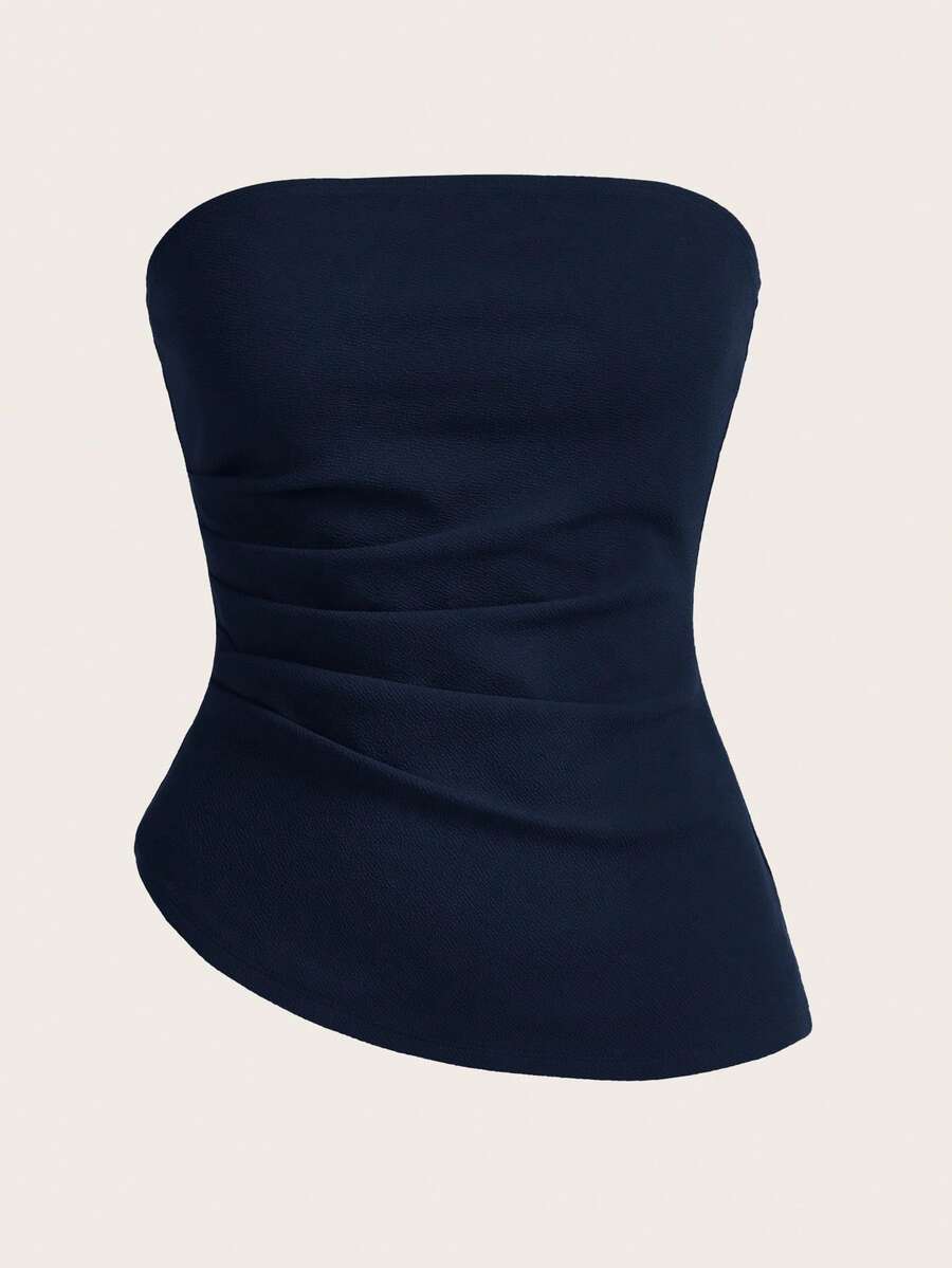 SHEIN Essnce Women's Simple Elegant Ruched Waist Tube Top, Suitable For Summer Navy Tube Top Tube Tops Women Strapless Top Women Tube Top Navy Top - Navy Blue - View 1