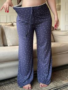 Dazy Plus Ditsy Floral Drawstring Waist Fitted Straight Leg Pajama Bottoms - Navy Blue - View 5