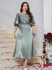 Ellevyn 大码优雅派对刺绣网纱拼接连衣裙 - 綠色 - 查看 8