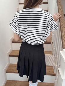 FRIFUL Áo thun nữ dáng suông kẻ sọc, viền bèo, thích hợp cho mùa hè. - màu đen - Xem 2