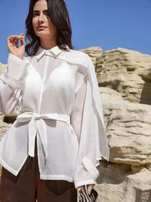 Dazy-Less Women's Elegant White Long Sleeve Shirt, Casual Design For Office, Commute, Wedding, Spring & Summer - White - View 3