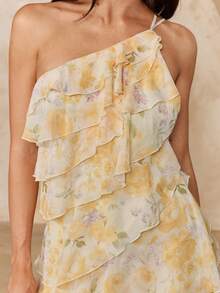 Enchnt Vestido mini con estampado floral elegante, con volantes en capas y espalda descubierta, estilo vacacional para mujer - Amarillo - Ver 5