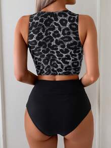 Swim Lushoire Bộ đồ bơi tankini quây ngực thắt nút họa tiết da báo mùa hè dành cho nữ - Đen và trắng - Xem 2
