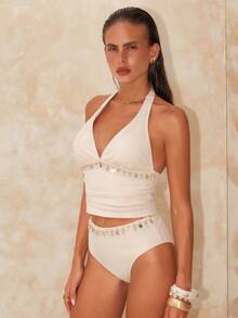 Swim Chiccia 2pcs Elegant Solid Color Ribbed Halter Neck Swimwear Top And High Waist Bikini Bottom Set - Multicolor - View 3