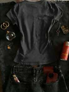 INAWLY Camiseta feminina casual e versátil com estampa de letras, gola redonda e manga curta. - Cinza - Ver 2