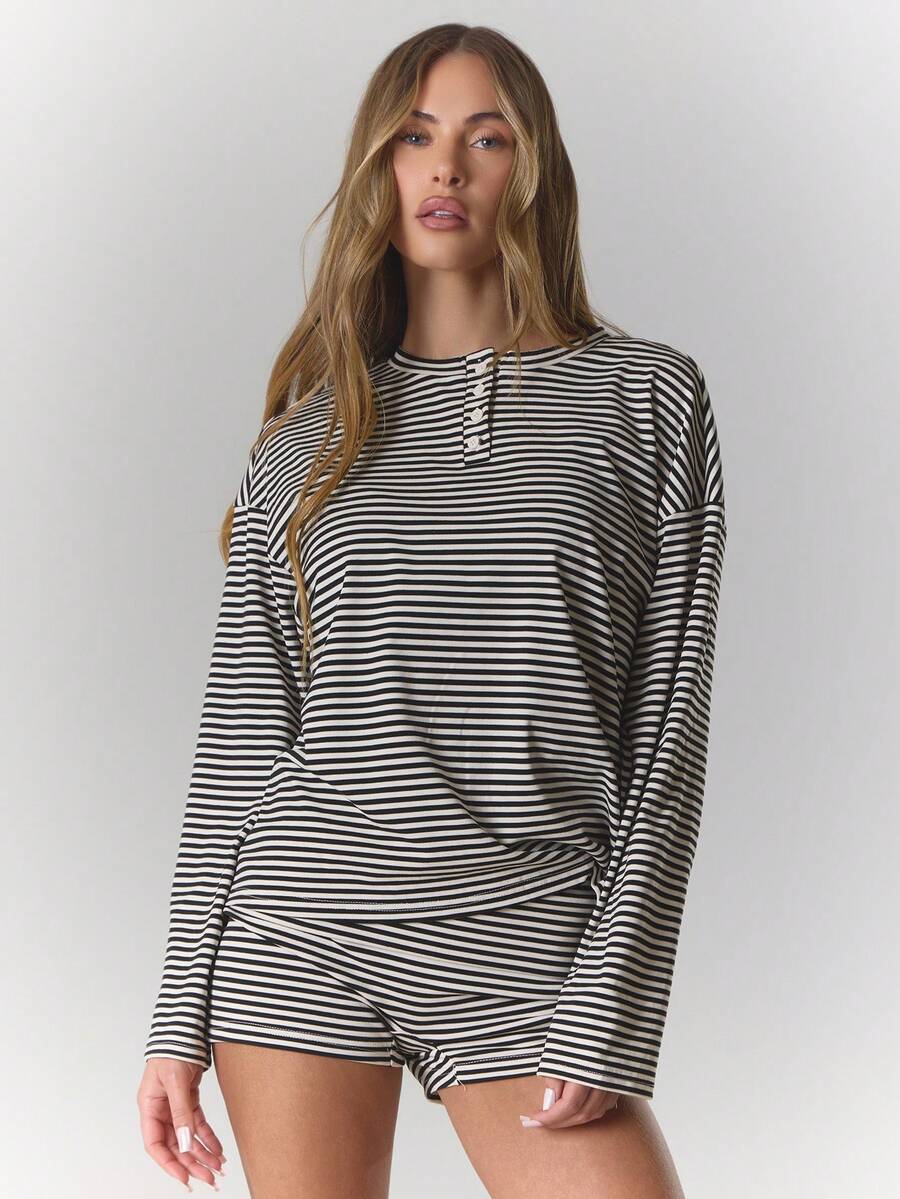 MUSERA Stripe Button Oversized Top And Mini Shorts Set Lounge Cosy Spring Summer Occasion Travel - Multicolor - View 1