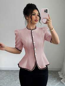 Elenzga 优雅撞色滚边泡泡袖收腰上衣，夏季 - 粉色 - 查看 4